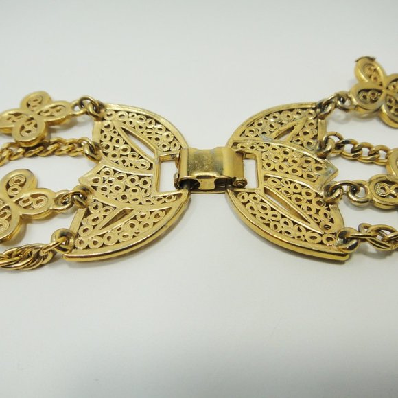 Multi Strand Clover Motif Necklace Gold Tone Chains 4 - Picture 5 of 7